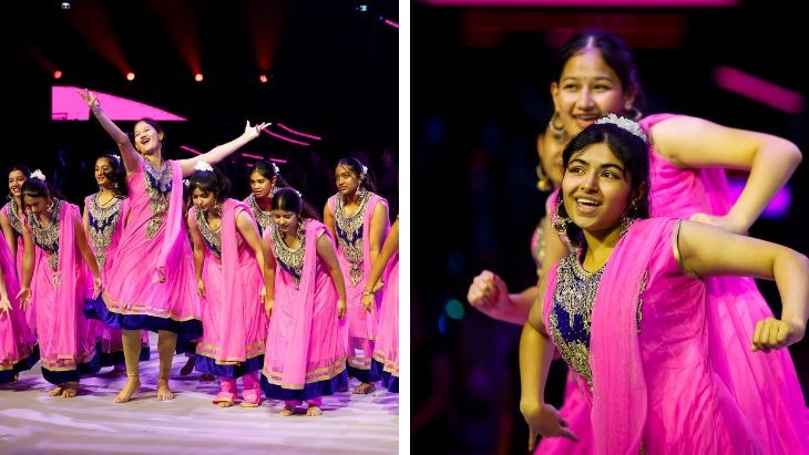 A two-picture montage of Bollywood dancers.