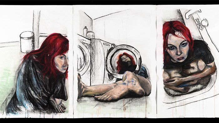 Three drawings of the a redheaded woman in confined spaces such as a bathtub
