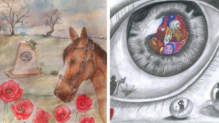 A split image of two artworks. The first a horse surrounded by poppies. The second an eye with tears.