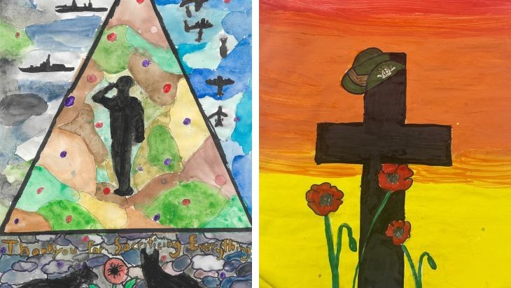 A split image of two artworks. The first featuring a soldier saluting and the second a cross with a slouch hat and poppies.