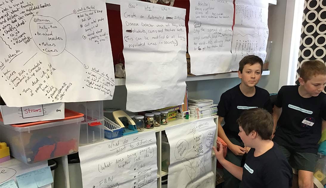 A group of three boys working together in front of a wall of paper