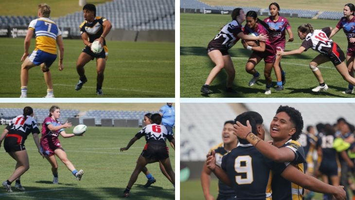 Pictures of students playing rugby league.