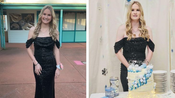 Two photos side-by-side of a young girl wearing a black dress. In the second photo the girl is standing in front of a cake.