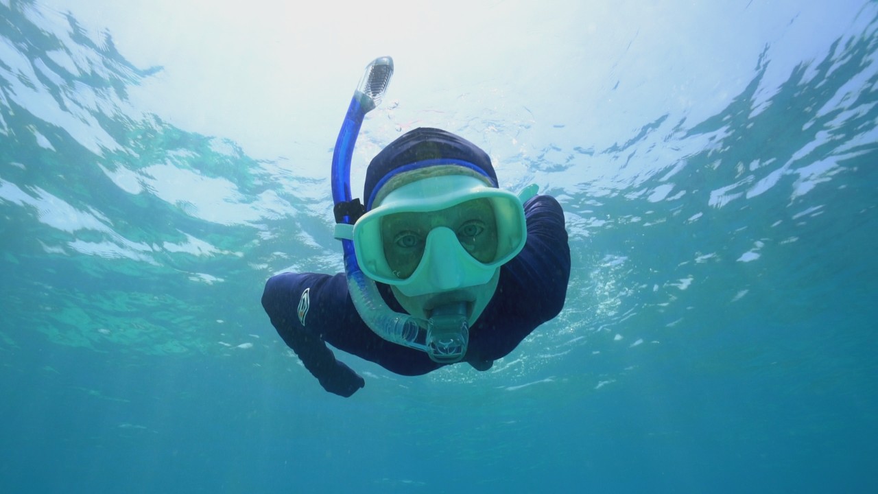 A girl swimming with snorkel and mask