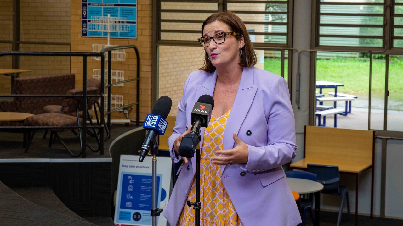 Education Minister Sarah Mitchell speaking at a school