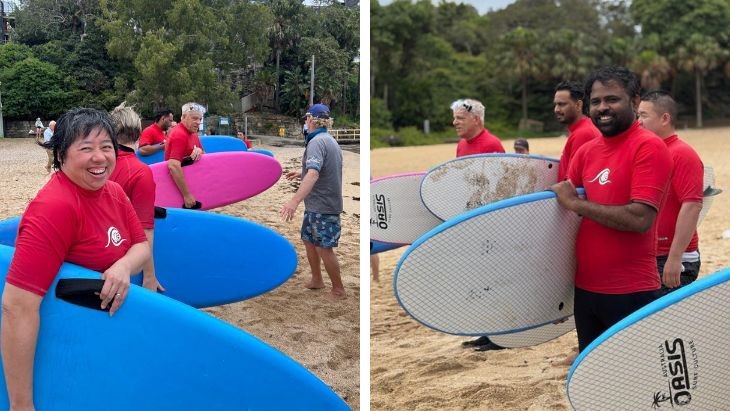 A split photo of a woman and a man holding surfboards.