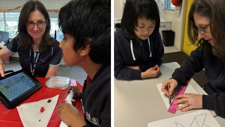 A split image of a teacher working with two different students.