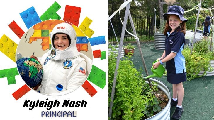 A split image with a woman dressed as a astronaut surrounded by lego bricks and a girl watering a garden bed.