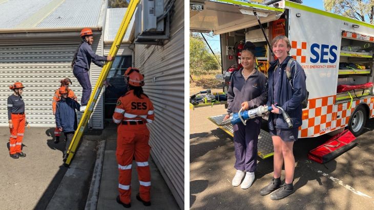 A female student climbing a ladder watched on by SES volunteers and two students holding the jaws of life in front of an SES vehicle.