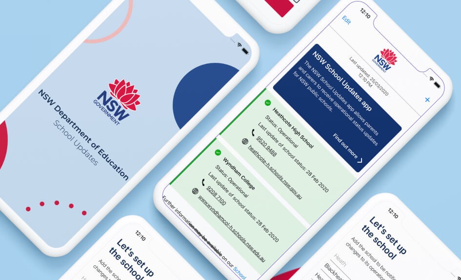Mobile phone screens displaying the NSW School Safety app.