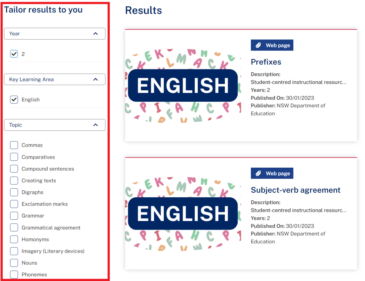 An example of English filters for Year 2 applied