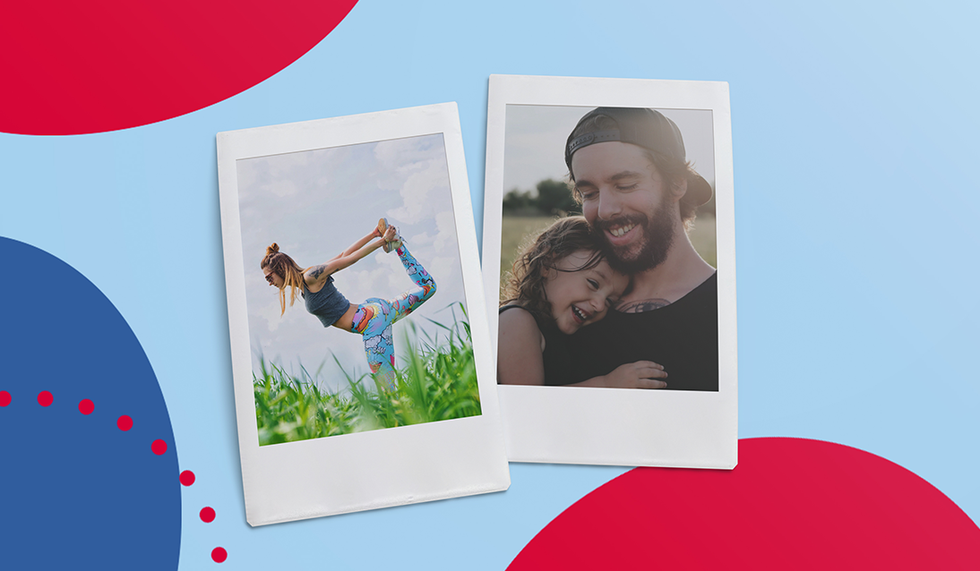 Polaroid images of woman doing yoga and a daughter hugging her father.