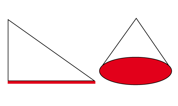 A 2 dimensional shape and a 3 dimensional shape with their bases coloured red to indicate where the base is. 