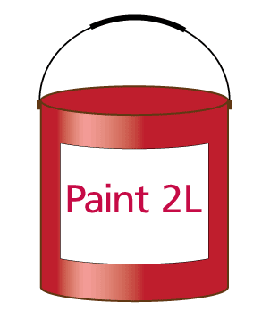 A red paint tin with the words 'Paint 2 Litres' on the label.