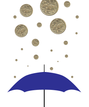 a purple umbrella with 1 dollar coins raining down upon it