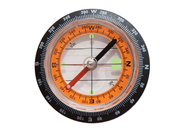 A common compass with red and black needle used for hiking, or generally finding your direction.