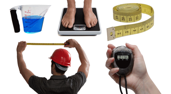A measuring jug, weight scales, a measuring tape, a workman holding a measuring tape, and a stop watch in someone's hand.