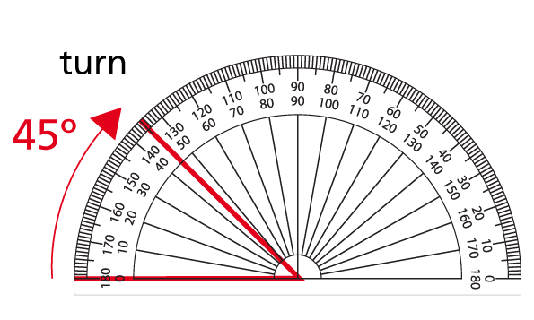 A protractor with red lines on it showing a 45 degree angle