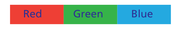 Rectangle divided into 3 equal parts containing the words 'Red', 'Green', and 'Blue' 