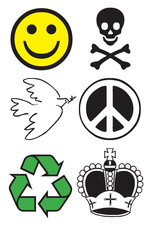 Collection of 6 common symbols: smiley face, skull and cross bones, dove with olive branch, peace sign, recycling symbol (three green arrows forming an infinite triangle), and a royal crown.