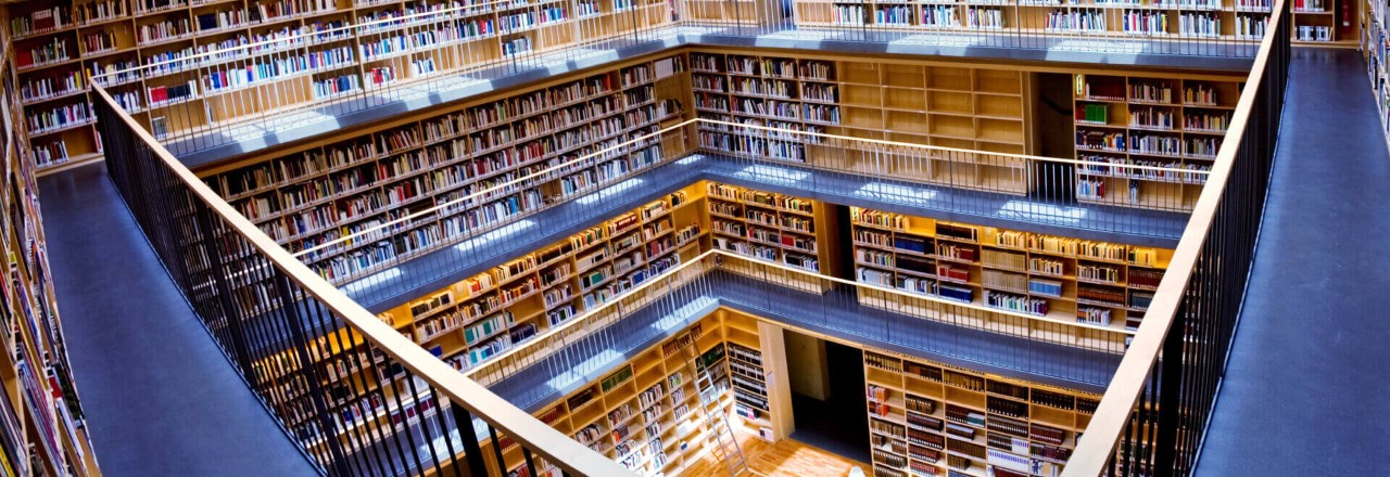The internal void of a large well lit library.
