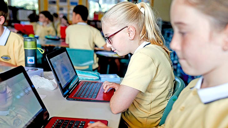 Primary students working on computers in class