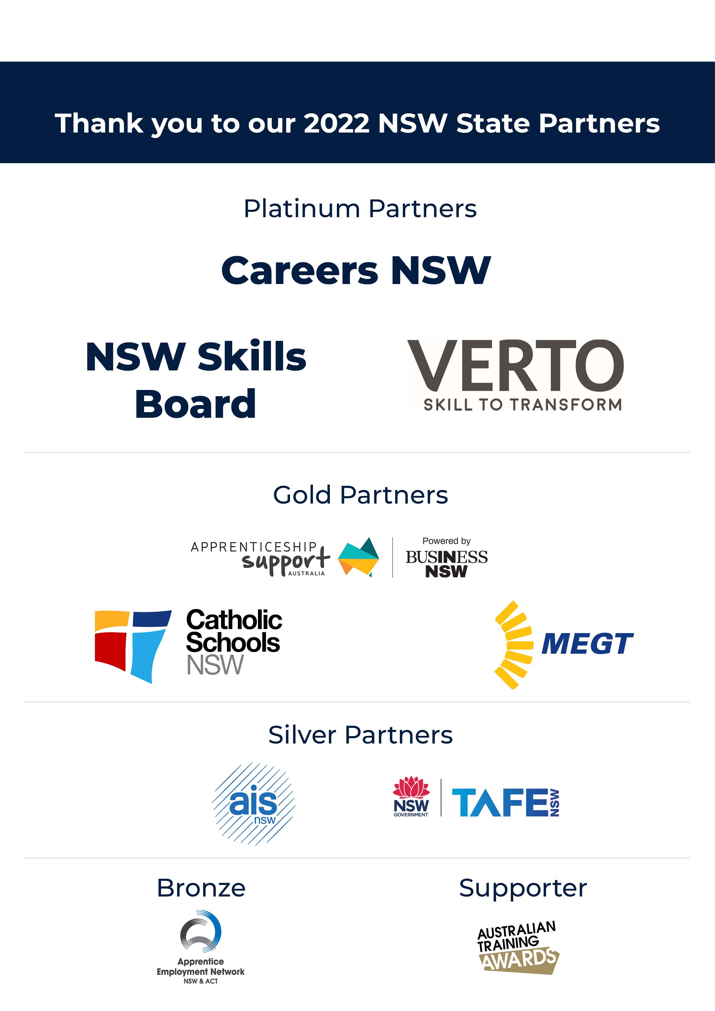 Logos of our partners. Platinum Partners - VERTO and NSW Skills Board, Gold Partners - Apprenticeship Support Australia and Catholic Schools NSW Silver Partners - Association of Independent Schools of NSW and TAFE NSW Bronze Partner - Apprentice Employment Network NSW and ACT Supporter - Australian Training Awards