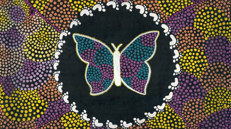 Dot painting using yellow, purple and orange. A butterfly sit in the centre surounded by a circle of footprints.