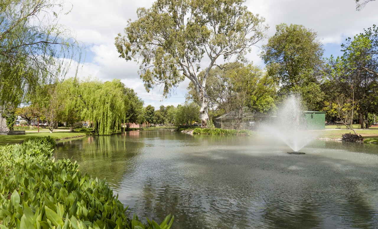 View of fountain and pond in Deniliquin