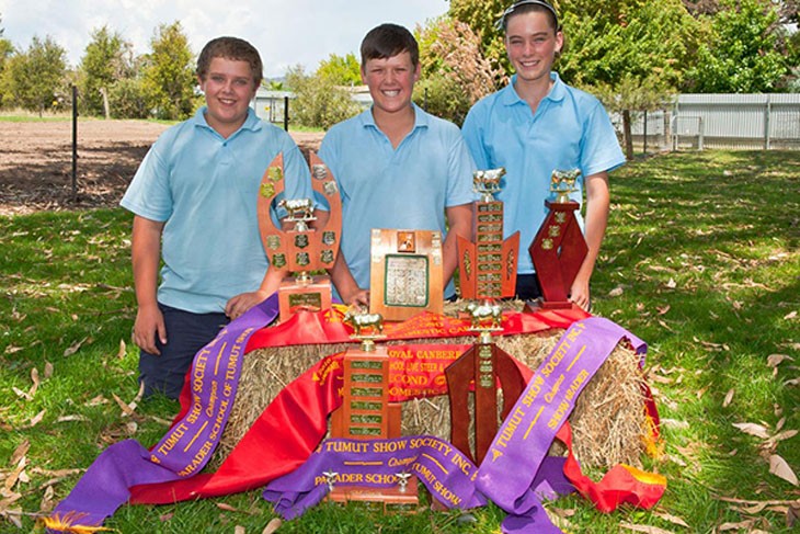 3 students behind trophies and ribbons won at shows