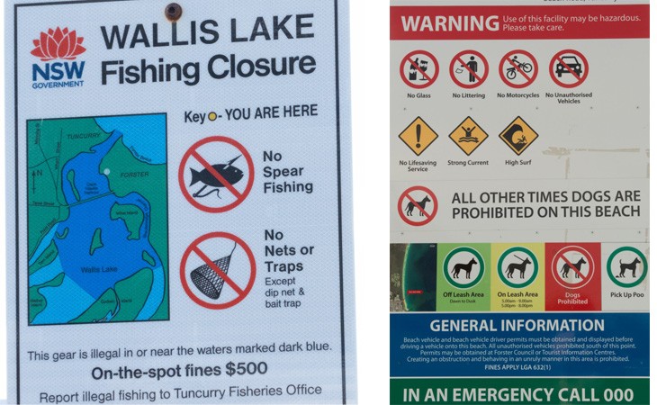 Two signs, one with information about illegal fishing activities, the other with local site rules.