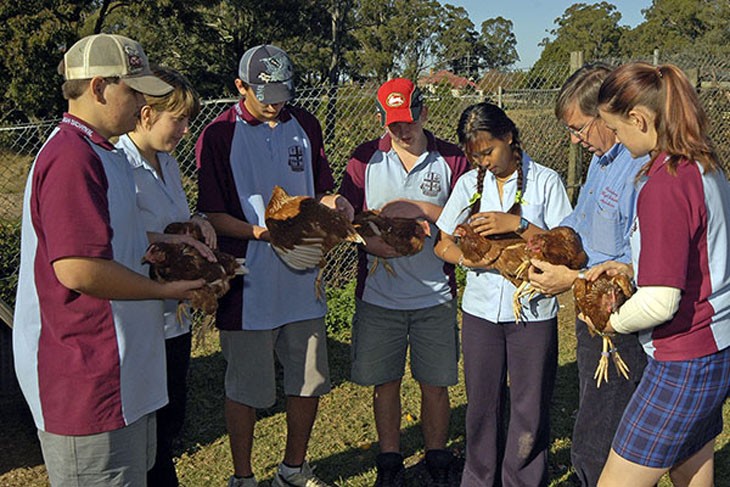 teacher and a group of students holding hens