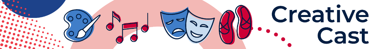 Creative Cast podcast image, paint palette, music notes, drama masks, ballet slippers and headphones.