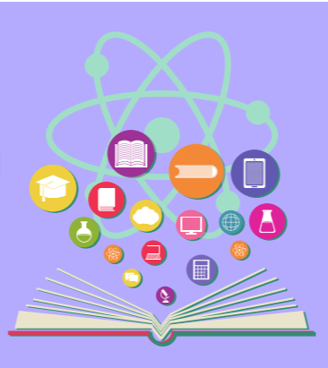 Open book with atom symbol above it and a number of various icons depicting different subjects and other measures.