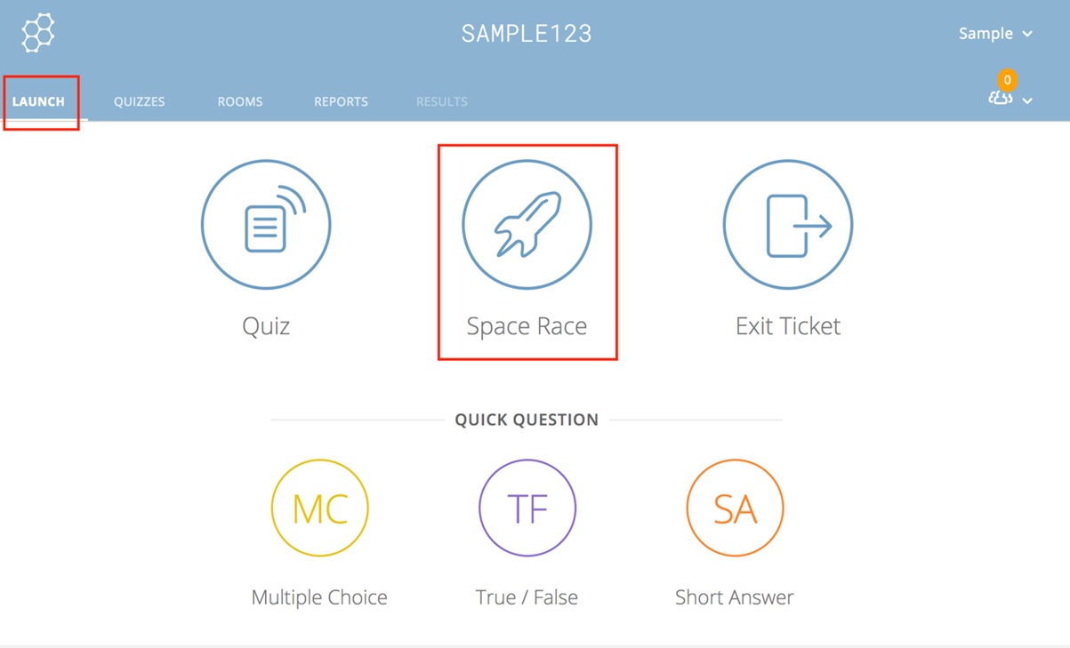 Screenshot showing the launch and space race link locations in Socrative