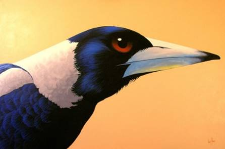 A painting of a magpie head in profile.