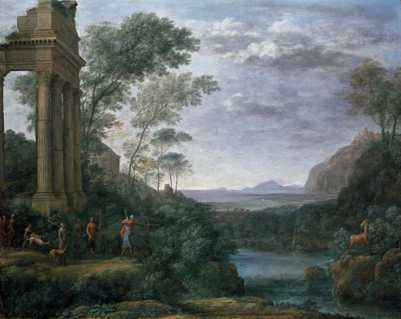 Painting by Claude Lorrain showing Ascanius shooting the stag of Sylvia, a landscpe paiting whowing a group of hunters on one side of a river and the stag on the other.