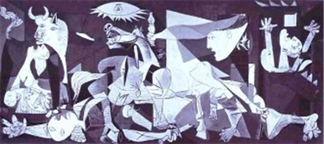 Pablo Picasso painting Guernica depicts a battle lie seen with parts of animals and people.