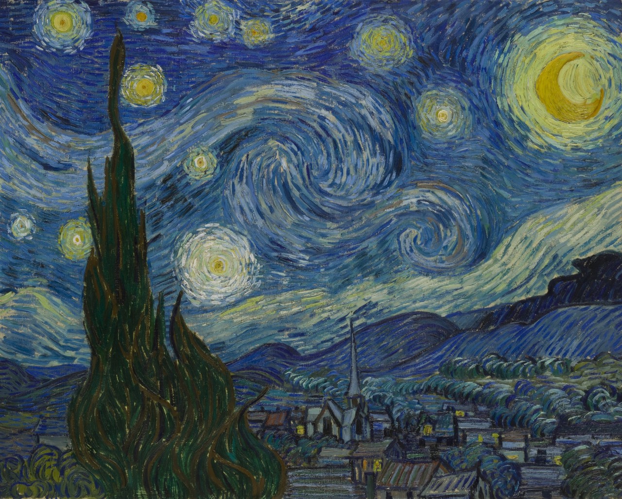 A painting by Vincent Van Gogh showing swirrly stars in a night sky over a peaceful village.