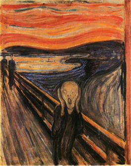 Painting by Edvard Munch showing a screaming figure on a bridge with a bright orange sky.