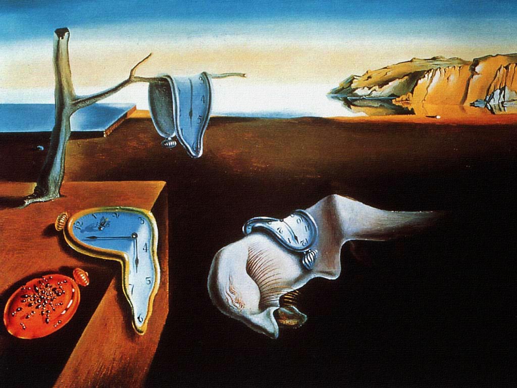 The persistence of memory is a painting by Salvador Dali showing three clocks faces that have melted in a sparse landscape scene.