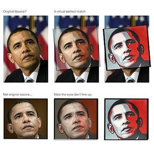 An example of artwork showing the steps in creating a stylised image of President Obama of the USA
