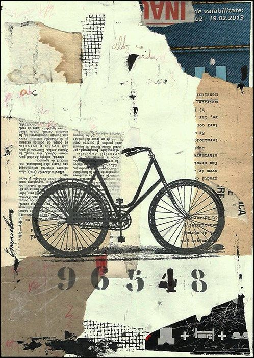Design composed of torn bits of various papers with a bicycle print and large stencil numbers in the middle of the page.