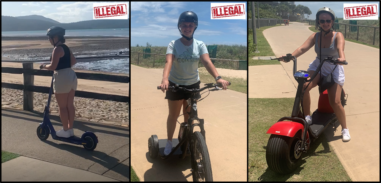 three images showing illegal use of wheeled devices
