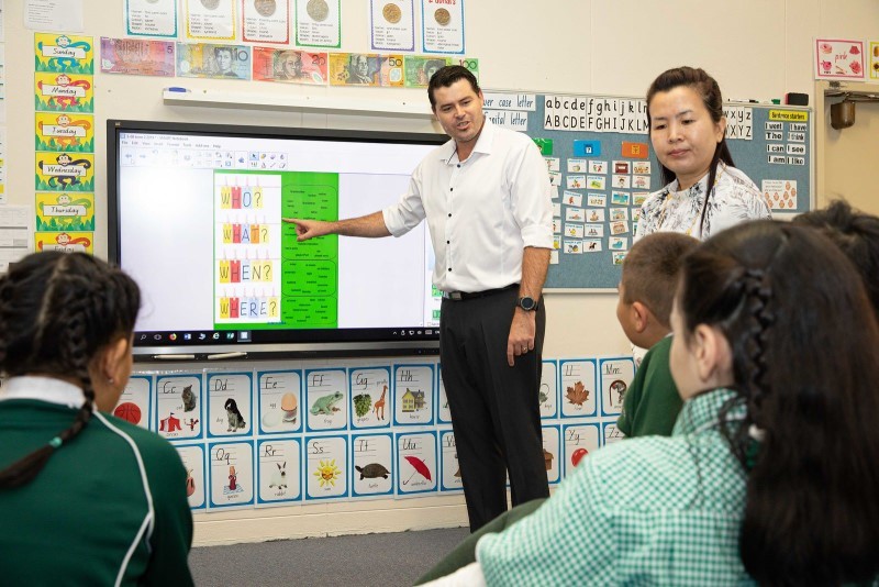 A senior teacher is classroom modelling to another junior teacher in front of a number of students from a support class The senior teacher is at the front of the classroom pointing to the digital whiteboard which has WHO WHAT WHEN WHERE appearing on it in caps The students are looking at him and appear to be engaged and focused The junior teacher is standing to the right of the senior teacher at the front of the classroom and is listening and observing the students reactions.