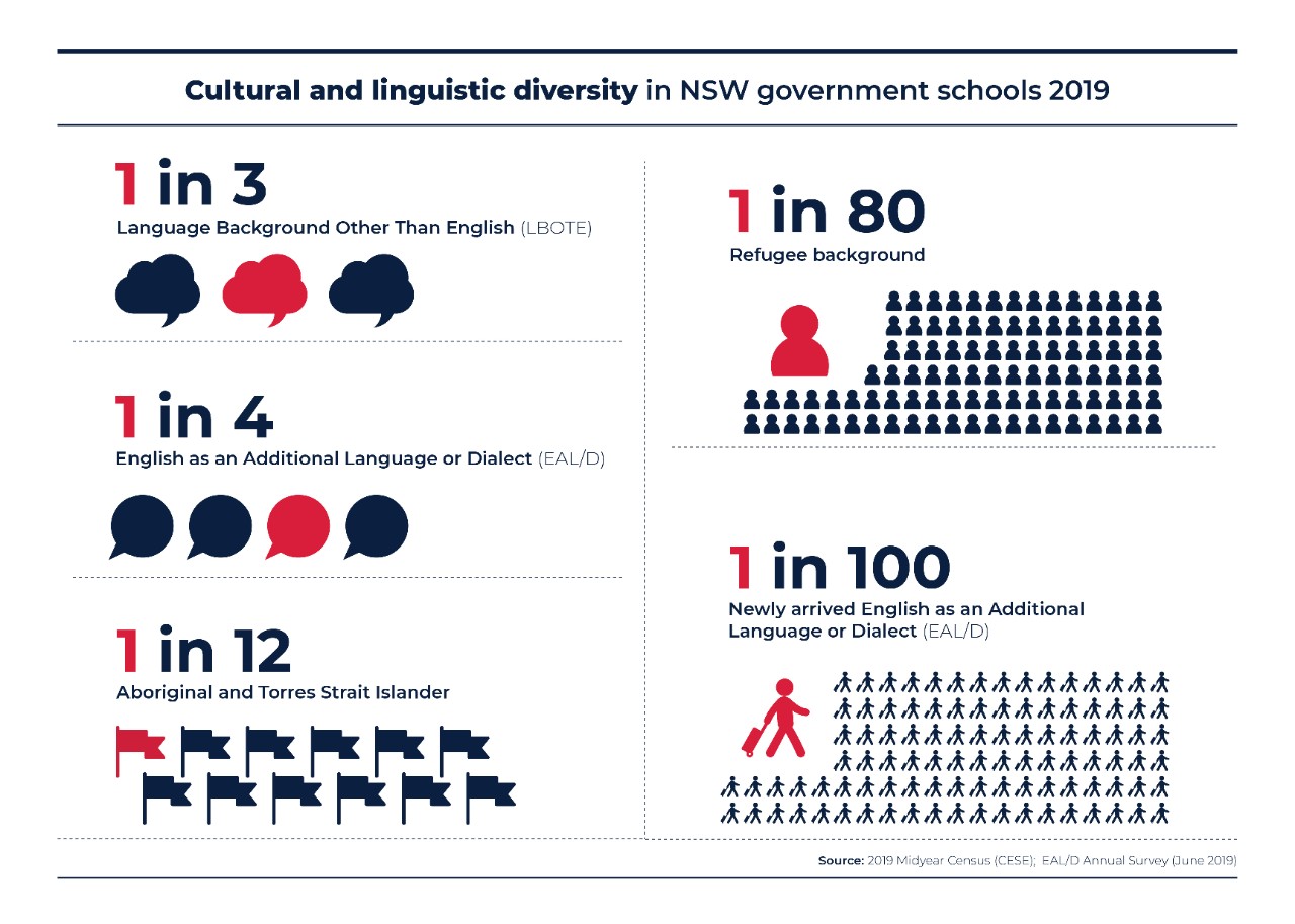 infographic showing cultural and linguistic diversity NSW government schools 2019