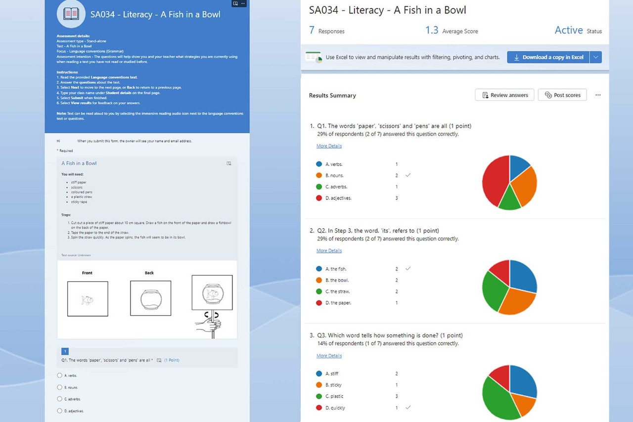 A side by side example of the language conventions Short assessment form and data.. One displays the multiple choice questions and one displays the data in pie charts.