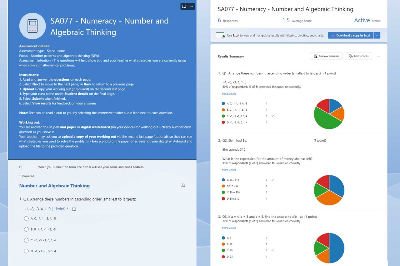 Example numeracy Short assessment form and data.