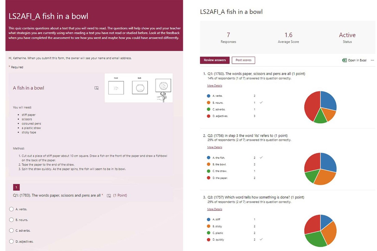 A side by side example of the language conventions Short assessment form and data.. One displays the multiple choice questions and one displays the data in pie charts.