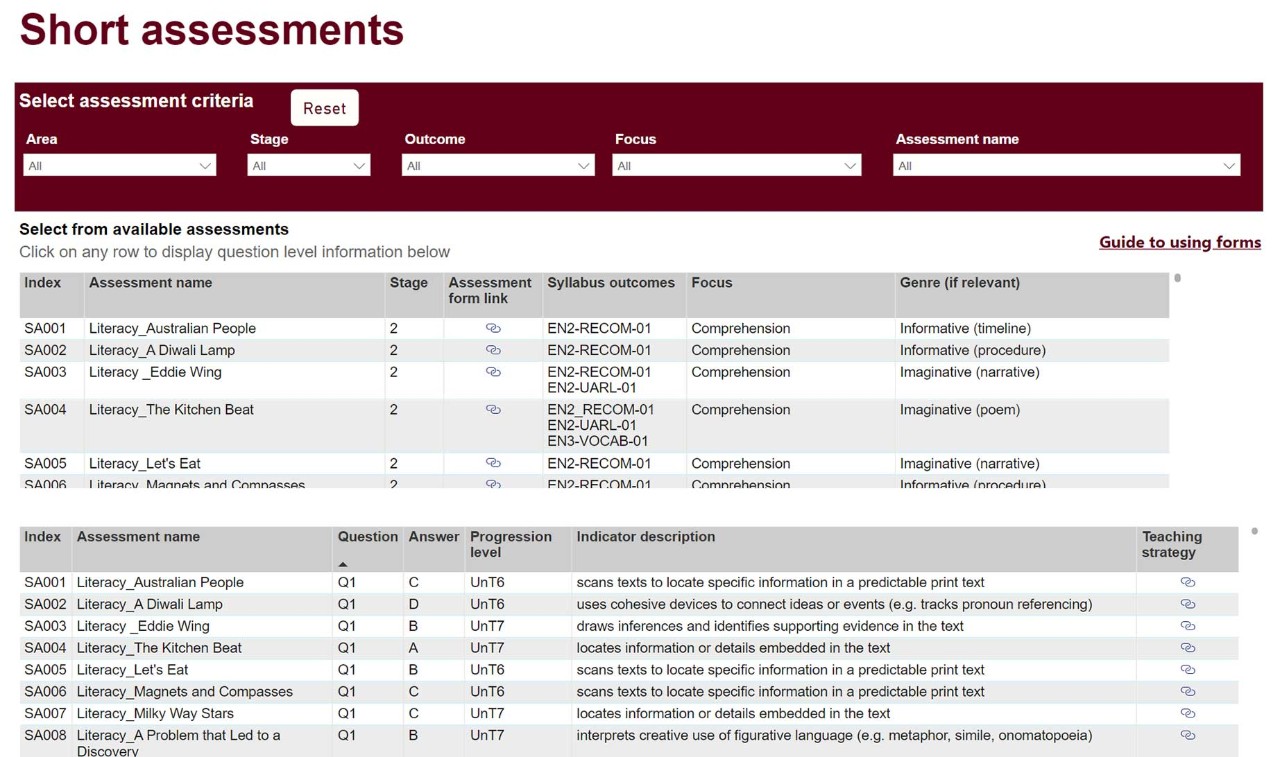 The Short assessment dashboard allows teachers to search for Short assessments.